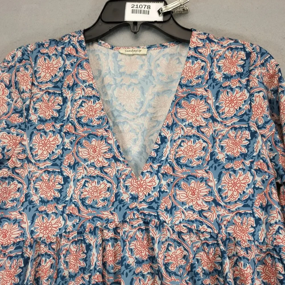 SundayUp Floral Tiered Midi Dress Sz S Puff Sleeves Blue/Orange V-Neck Cottage - Picture 9 of 10